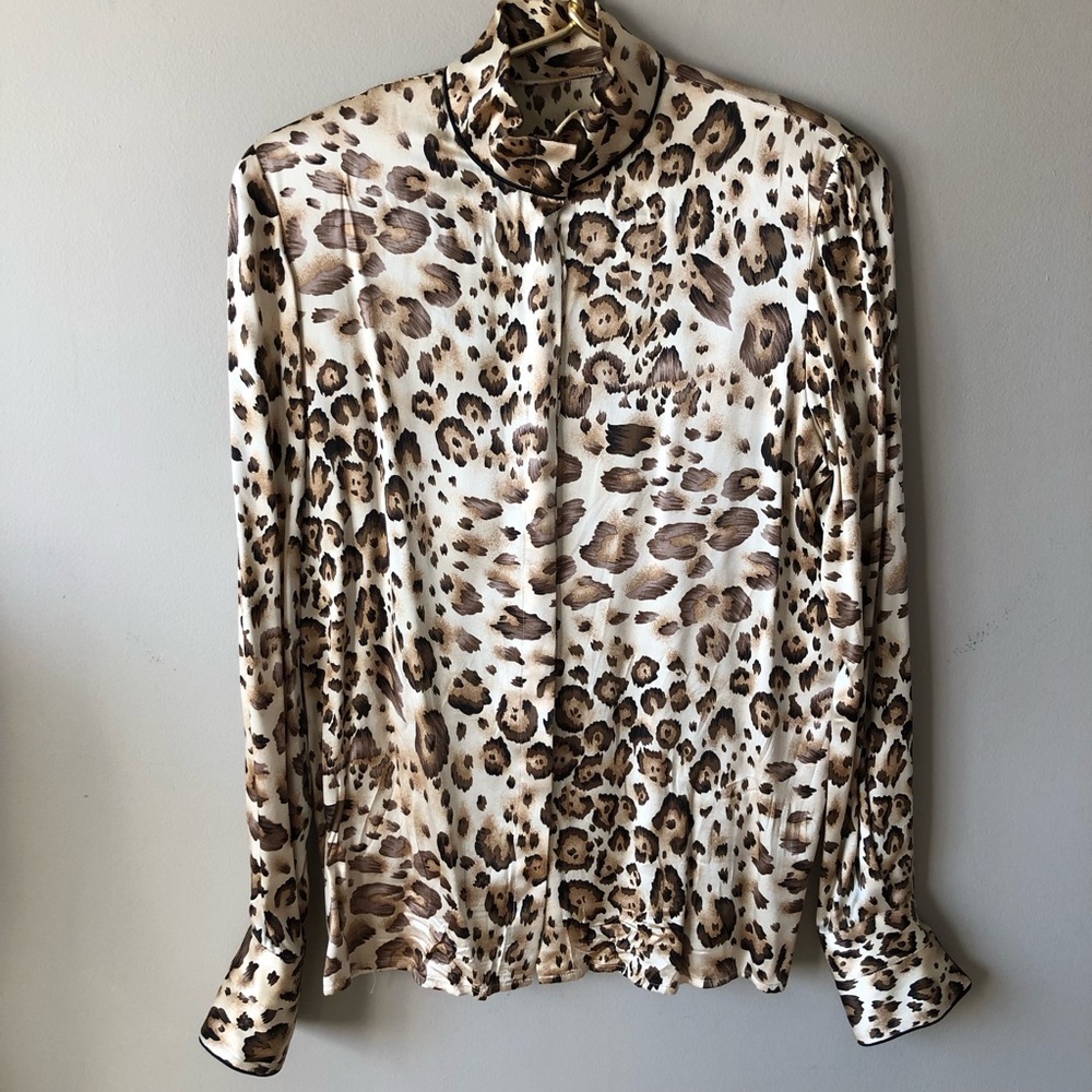 Vintage 90s Silk Leopard Print Long Sleeve Blouse S